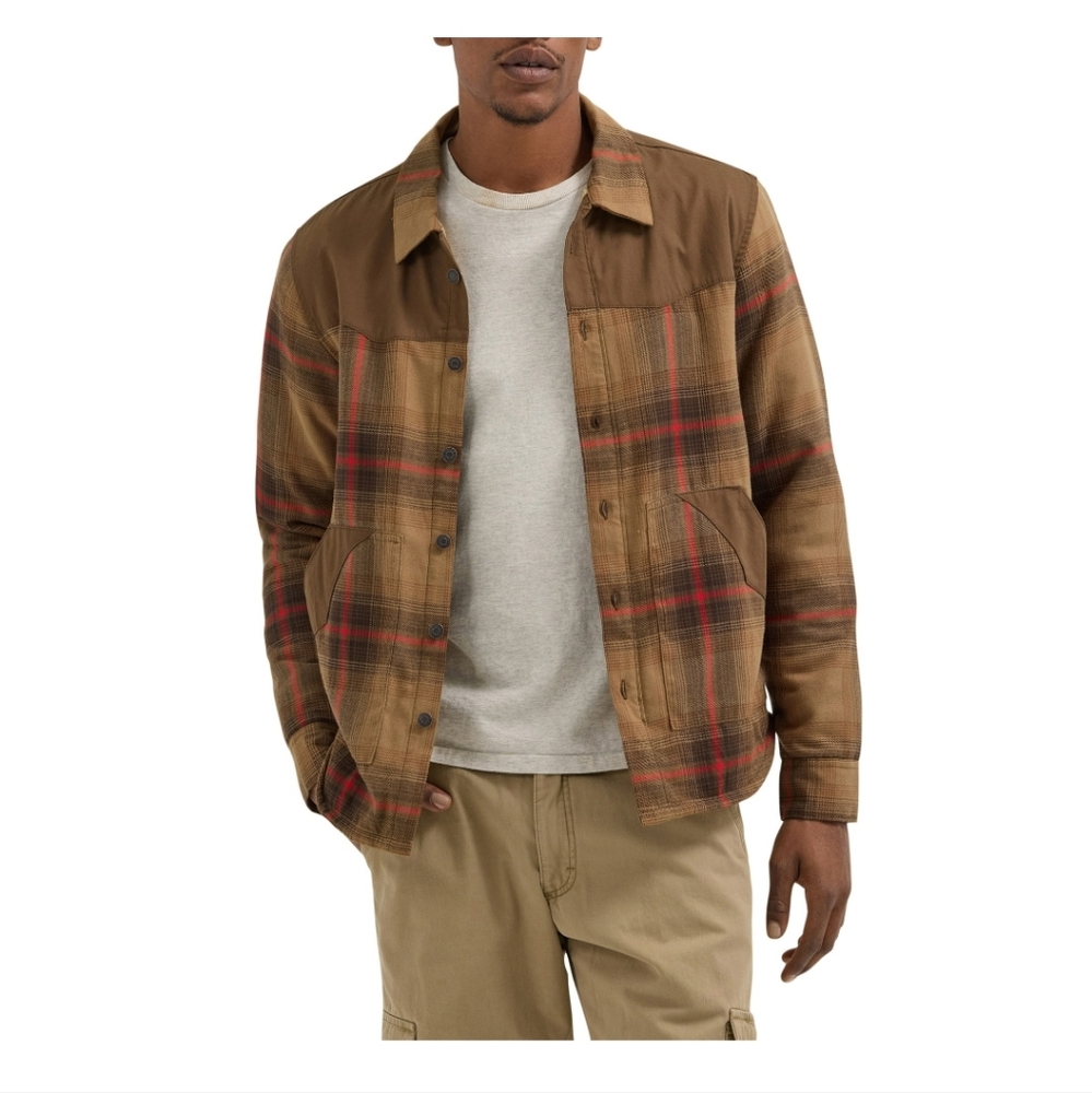 Wrangler Men's Heavyweight Shirt Jacket with Sherpa Lining Brown Plaid